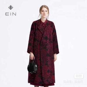 EIN/言羊毛双层提花呢子小个子长款外套女毛呢大衣，暗红色，