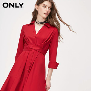 ONLY夏季新款红色裙子气质收腰A字连衣裙女 只是结婚穿了一
