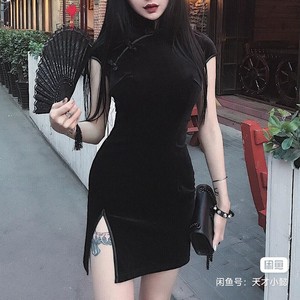 中国风无袖旗袍暗黑系列内搭女士改良旗袍丝绒布料气质性感女装