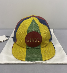 99新未使用 Gucci/古驰 字母徽标多色条纹帆布皮革休闲鸭舌帽正品