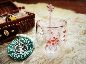 【星巴克猫爪杯】星巴克粉色猫爪双层玻璃杯礼盒 太漂亮了还有藤