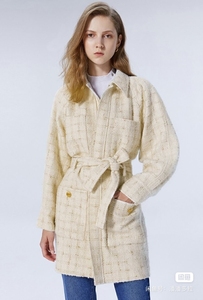 欧时力 羊毛呢大衣 黑标系列欧时力气质腰带羊毛呢大衣女中长款
