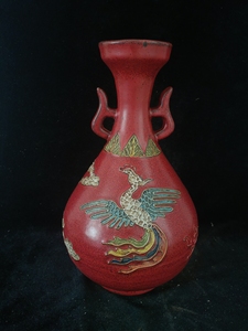 瓷器花瓶摆件季红釉龙凤呈祥双耳瓶收藏老瓷器老货老瓷瓶