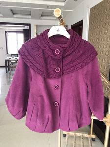 艺元素休闲宽袖紫色披肩领羊毛短外套