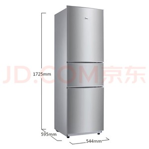 出美的(Midea)三门冰箱，颜色为不锈钢色，拥有时尚的门体