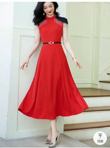 心语泉夏季新款时尚红色拼接连衣裙气质名媛显瘦收腰中长裙潮