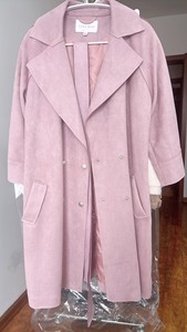 气质韩系粉色鹿皮绒面大衣外套女中长款小个子风衣