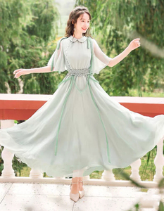 正版播喜连衣裙新款女夏装播喜法式复古薄荷绿色仙气雪纺超大加长