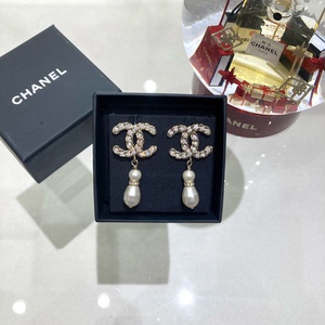 99新Chanel/香奈儿 19P双C水钻珍珠吊坠耳环耳钉
