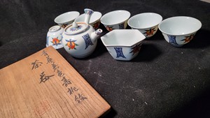 日本回流 平安  大丸 北峰 製 青華 着色 寿桃紋 煎茶器