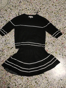 拉夏贝尔旗下拉贝缇针织条纹套装裙伞裙黑色S码海军风中袖