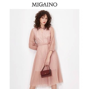Migaino/曼娅奴 连衣裙 欧时力裸粉色纱裙很有质感超级