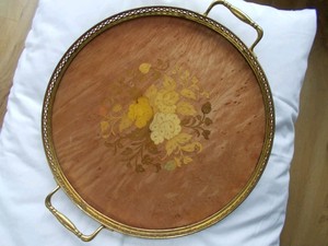 西洋古董意大利烤漆实木镶嵌拼花画铜器托盘意大利手工制作。