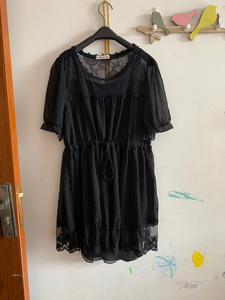 女士夏季黑色雪纺拼接蕾丝收腰显瘦短袖连衣裙两件套