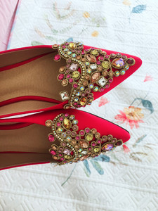 红色绸缎水钻尖头平底鞋孕妇女鞋单鞋秋鞋…几乎全新颜色分类大红
