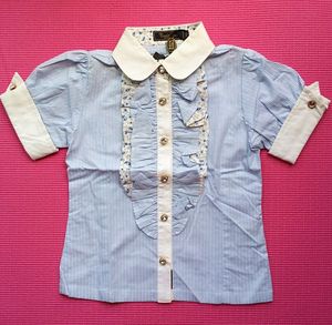 韩国TWINKIDS特元骑子高端女童蓝色条纹短袖衬衫100码现货