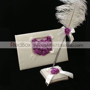 RedBox结婚用品 紫色爱心玫瑰婚礼签到本签名册 婚庆羽毛笔带笔座