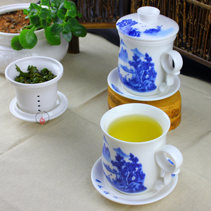 包邮陶瓷茶杯 带茶隔分离式过滤网青花瓷茶杯带盖有手柄