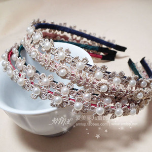 韩国新款饰品包布蕾丝珍珠手工细发箍发带唯美五叶花头饰发夹发卡