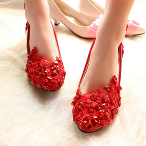 蕾丝红色平底特色婚鞋 软底舒适手工新娘鞋 水晶白色伴娘低跟鞋女