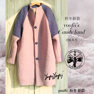 yoofii原创新款茧型羊毛呢子大衣女中长款拼接撞色立领插肩袖外套