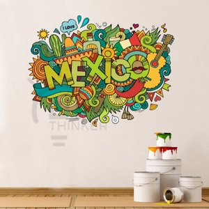 墨西哥复古怀旧涂鸦艺术卡通插画背景墙贴纸客厅卧室橱窗装饰贴画