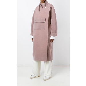 Mai 2017秋冬小众设计立领宽松茧型袋鼠兜貂绒羊毛粉色女大衣外套
