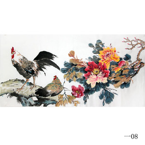 公鸡母鸡石头作品纯手绘新品牡丹装饰客厅中国水墨画横幅原稿图