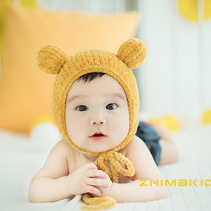 妮妮家婴幼儿童宝宝百天照摄影道具帽子手工编织可爱毛线帽