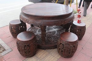 红木古典家具老挝大红酸枝全黑料圆鼓凳餐桌七/交趾黄檀实木家具