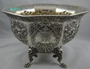 [西洋古董银器] 英国伦敦1896年维多利亚时期 纯银鎏金高浮雕大碗