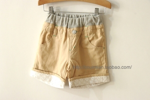 外贸童装女童夏天短裤 日本原单白色蕾丝棉麻夏季短裤