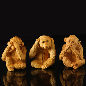 黄杨木雕居家动物摆件手工雕刻四勿猴工艺品文玩手把件三不猴礼品