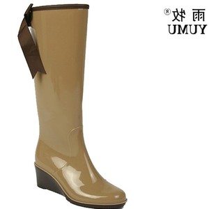 韩版时尚坡跟雨鞋女春季长筒水靴防滑蝴蝶结雨靴拉链高跟水鞋