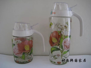 韩国进口山茶花红花玻璃印花油壶油瓶酱油壶调料壶罐瓶厨房储物壶