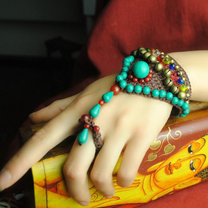民族风波西米亚泰国松石铜铃铛宽手镯女琉璃手链戒指一体链女护腕