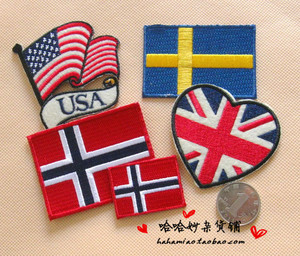 美国英国瑞典挪威国旗刺绣布贴臂章袖章 背胶可熨烫衣服补丁贴花