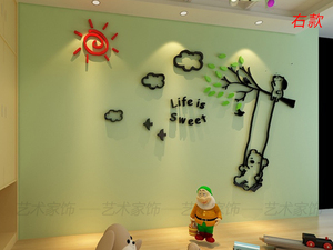 亚克力小熊秋千3d水晶立体墙贴儿童房电视背景墙客厅贴画装饰包邮