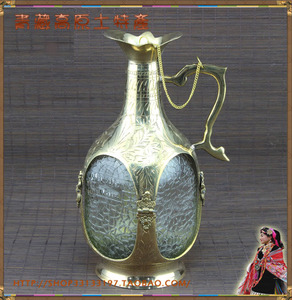 100%印度进口 黄铜镶嵌琉璃瓶泡药酒壶 茶壶  工艺品摆件