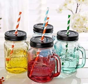 创意渐变彩色梅森玻璃瓶 果汁饮料透明带盖送硬塑料吸管水杯子