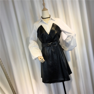 秋装黑白PU皮拼接条纹假两件连衣裙子灯笼袖衬衫有女人味气质时尚