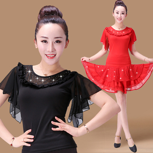 拉丁舞蹈衣服短袖上衣广场舞服装恰恰亮片中年女演出练舞红黑夏季
