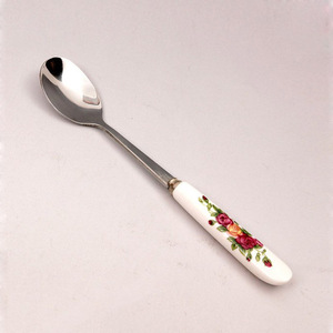红玫瑰陶瓷手柄不锈钢咖啡长勺 直身勺子果粉勺 冰淇淋勺小调羹