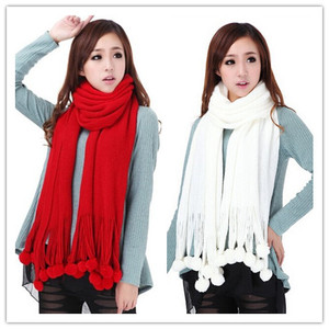 毛线围巾女冬季韩版活泼可爱红色白色球球围巾纯色保暖毛线围脖