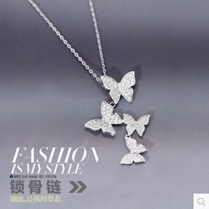 S925纯银项链 韩版时尚蝴蝶镶钻个性套链 女 银饰品