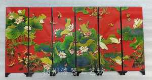 扬州漆器彩绘小屏风荷塘清趣6扇 中国外事生日结婚礼品