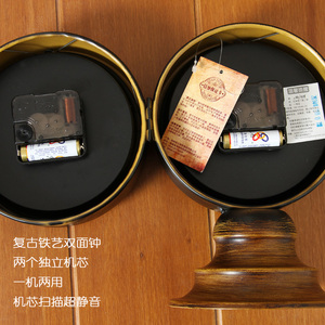 美式双面复古台座钟欧式铁艺静音北欧装饰时钟表摄影道具个性摆件