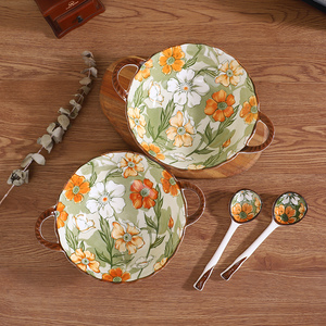 【雪香兰双耳汤碗】高温陶瓷餐具8寸双耳花边碗搭配勺子
