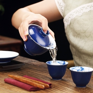 复古霁蓝釉青花瓷三才盖碗茶杯家用手绘陶瓷泡茶.碗功夫茶具