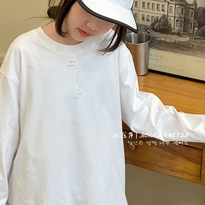 波拉韩国童装女童白色长袖T恤2024春秋装儿童百搭打底衫男童卫衣